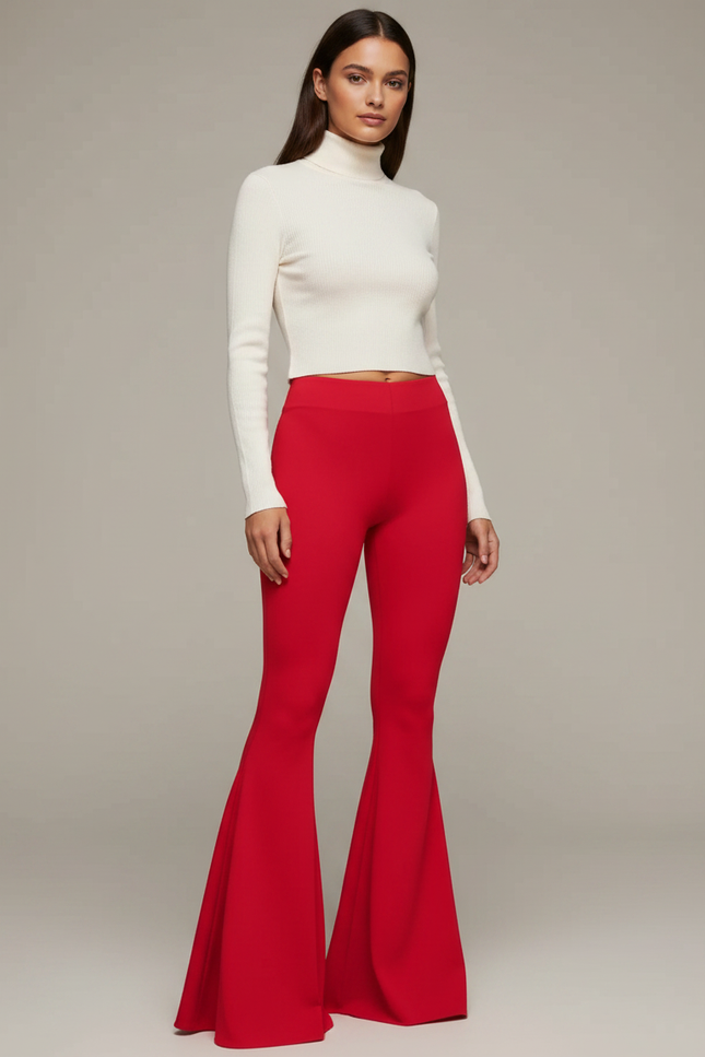Pantalon Patte D'Éléphant Rouge Évasé Taille Haute Slim - Maille