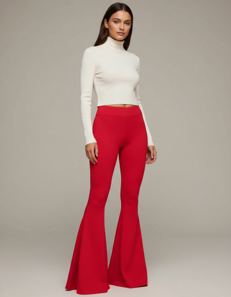 Pantalon Patte D'Éléphant Rouge Évasé Taille Haute Slim - Maille