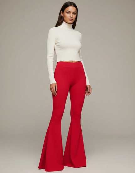 Pantalon Patte D'Éléphant Rouge Évasé Taille Haute Slim - Maille