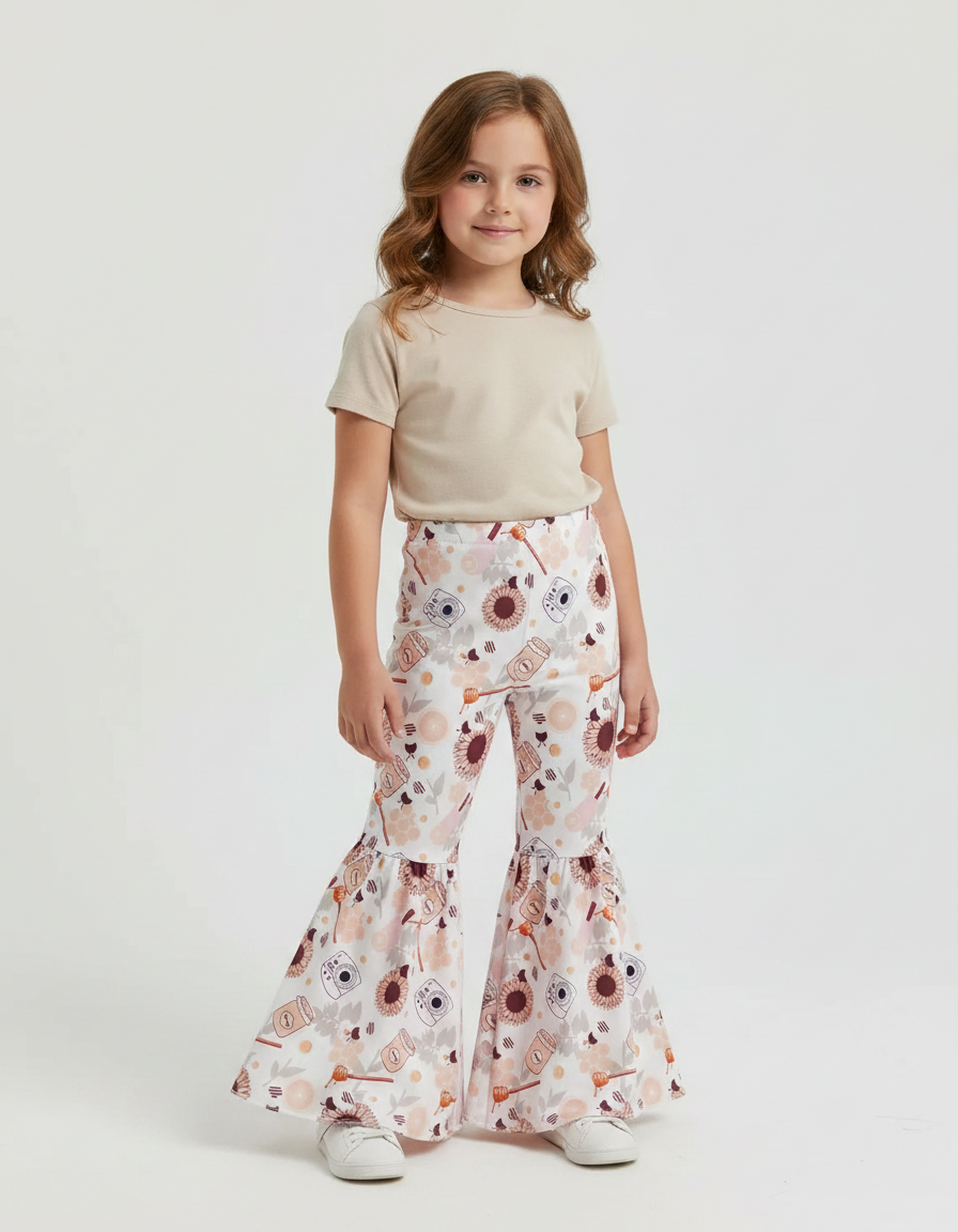 Pantalon Patte D'Éléphant Imprimé Floral Blanc Confortable Fille - Polyester
