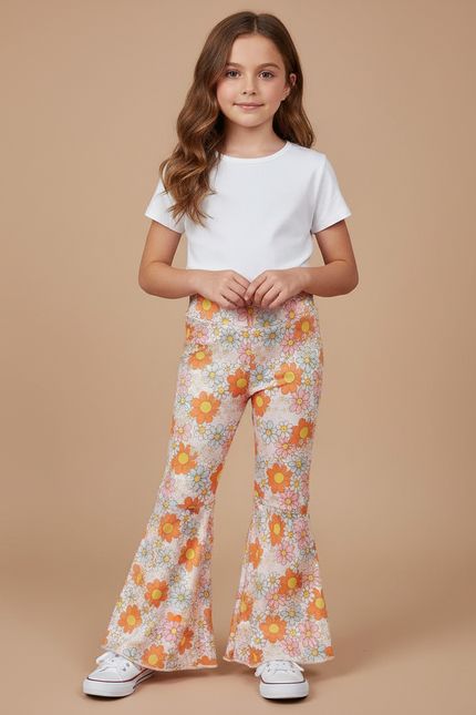 Pantalon Patte D'Éléphant Fleuri Évasé Confortable Fille - Imprimé Maille