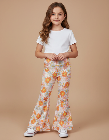 Pantalon Patte D'Éléphant Fleuri Évasé Confortable Fille - Imprimé Maille