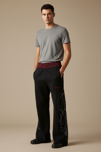 Pantalon Patte D'Éléphant Noir Brodé Ample Décontracté Homme - Molleton