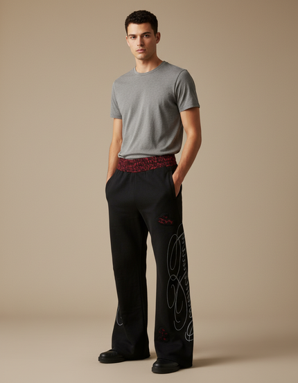 Pantalon Patte D'Éléphant Noir Brodé Ample Décontracté Homme - Molleton