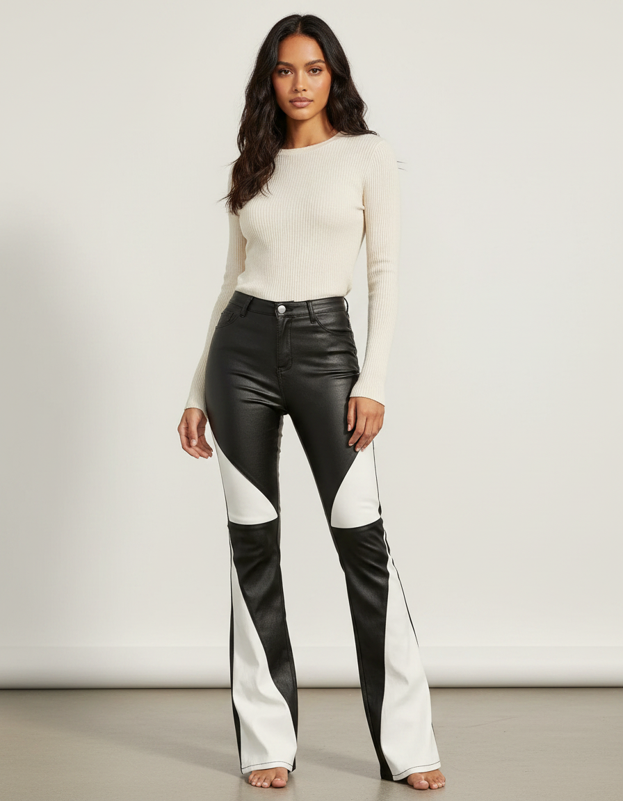 Pantalon Patte D'Éléphant Simili Cuir Noir Blanc Bicolore Évasé - Multicolore