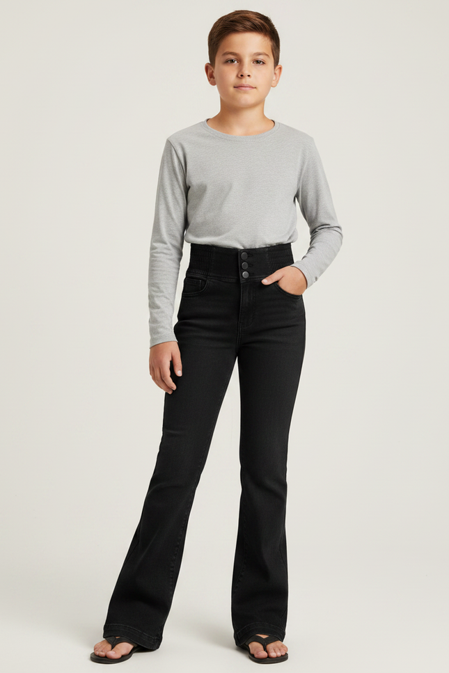 Pantalon Patte D'Éléphant Noir Élasthanne Taille Haute Boutons - Jean