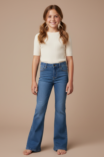 Pantalon Patte D'Éléphant Jean Bleu Délavé Taille Haute Évasé