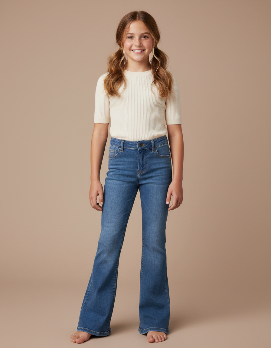 Pantalon Patte D'Éléphant Jean Bleu Délavé Taille Haute Évasé