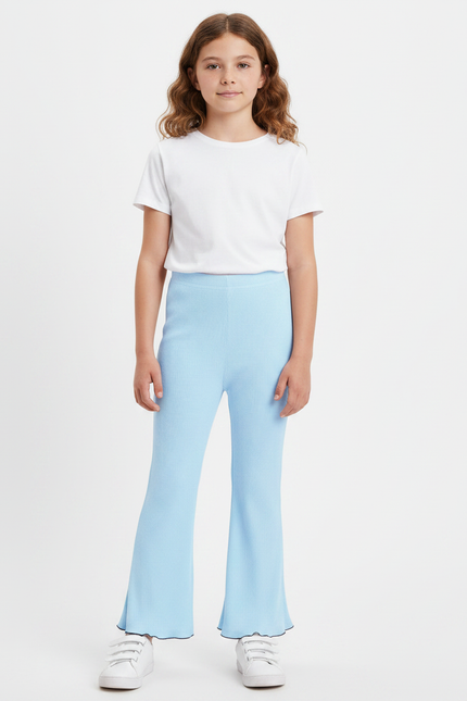 Pantalon Patte D'Éléphant Côtelé Bleu Clair Élastique Fille - Maille