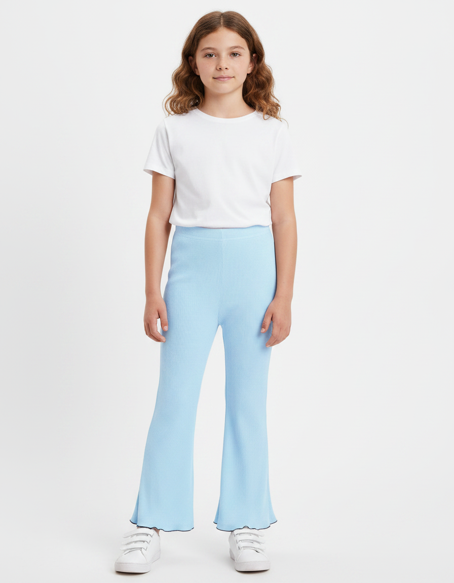 Pantalon Patte D'Éléphant Côtelé Bleu Clair Élastique Fille - Maille