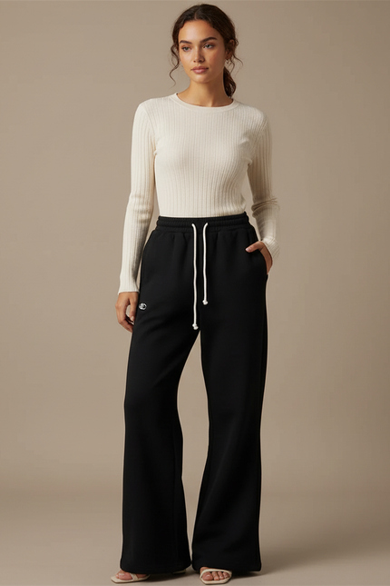 Pantalon Patte D'Éléphant Noir Ample Molletonné Décontracté Brodé