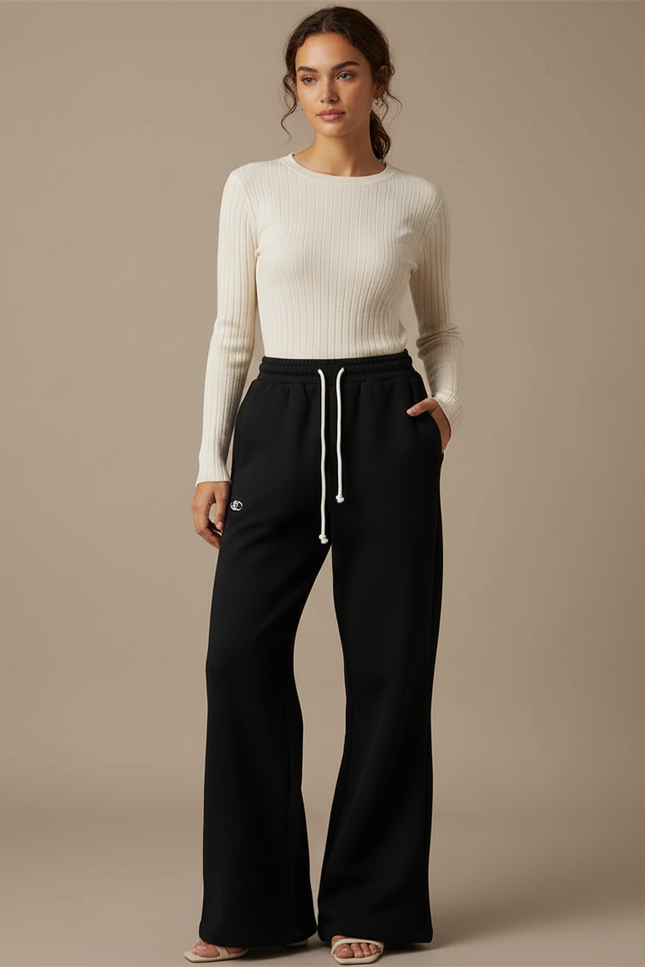Pantalon Patte D'Éléphant Noir Ample Molletonné Décontracté Brodé
