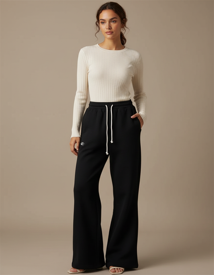 Pantalon Patte D'Éléphant Noir Ample Molletonné Décontracté Brodé