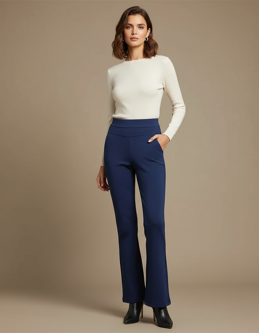 Pantalon Patte D'Éléphant Bleu Marine Élégant Taille Haute - Maille