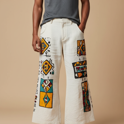 Pantalon Patte D'Éléphant Écru Lin Ample Motifs Ethniques Colorés - Beige