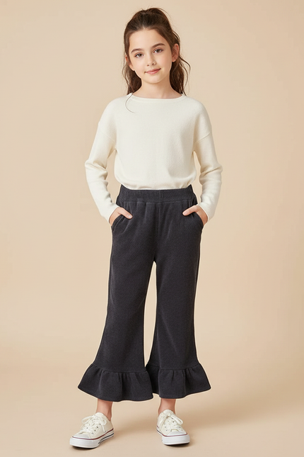 Pantalon Patte D'Éléphant Côtelé Noir Évasé Enfant Décontracté - Cordé