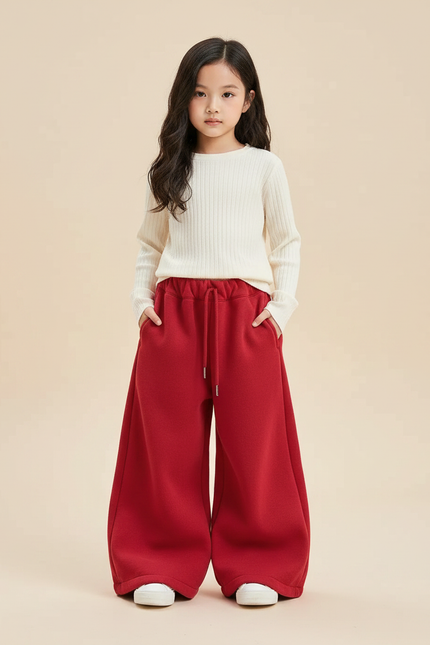 Pantalon Patte D'Éléphant Rouge Ample Polaire Enfant - Molleton
