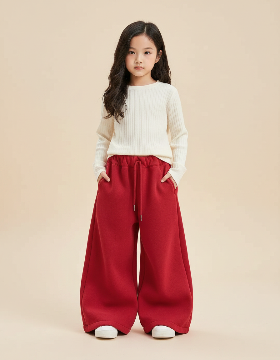Pantalon Patte D'Éléphant Rouge Ample Polaire Enfant - Molleton