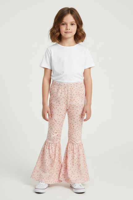 Pantalon Patte D'Éléphant Rose À Pois Évasé Confortable Fille - Maille