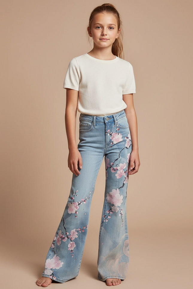 Pantalon Patte D'Éléphant Jean Bleu Imprimé Floral Fille