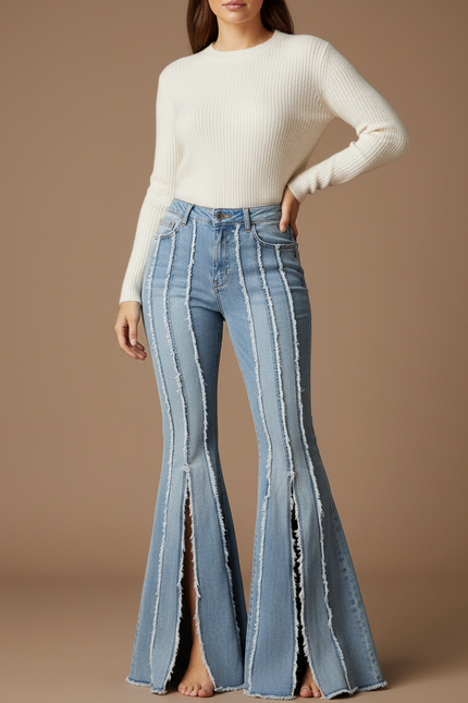 Pantalon Patte D'Éléphant Jean Fendu Franges Taille Haute - Bleu