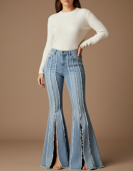 Pantalon Patte D'Éléphant Jean Fendu Franges Taille Haute - Bleu