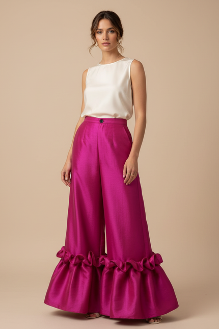 Pantalon Patte D'Éléphant Fuchsia Satiné Volants Élégant - Rose