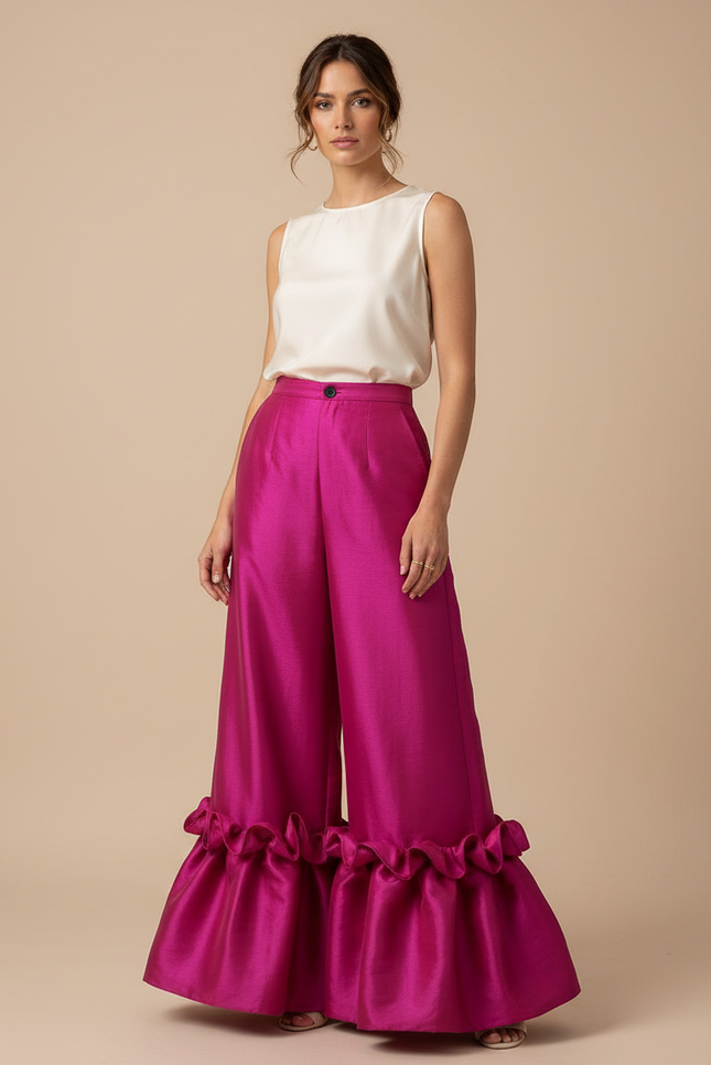 Pantalon Patte D'Éléphant Fuchsia Satiné Volants Élégant - Rose