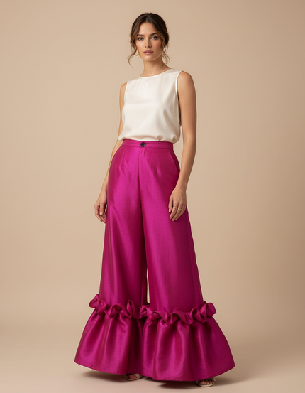 Pantalon Patte D'Éléphant Fuchsia Satiné Volants Élégant - Rose
