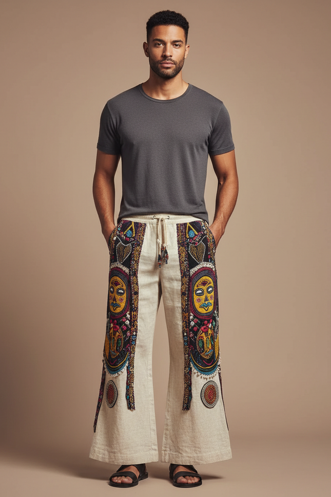 Pantalon Patte D'Éléphant Ethnique Imprimé Totem Ample Lin - Beige