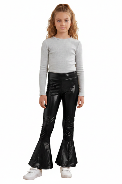Pantalon Patte D'Éléphant Noir Brillant Évasé Fille - Simili cuir