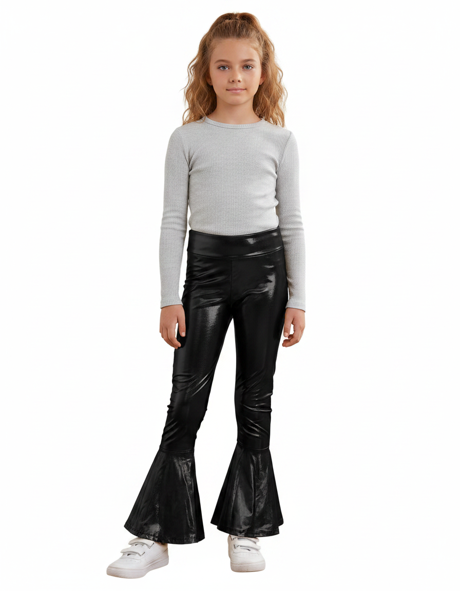 Pantalon Patte D'Éléphant Noir Brillant Évasé Fille - Simili cuir