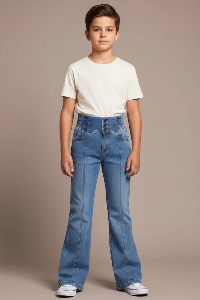 Pantalon Patte D'Éléphant Jean Bleu Taille Haute Évasé Garçon