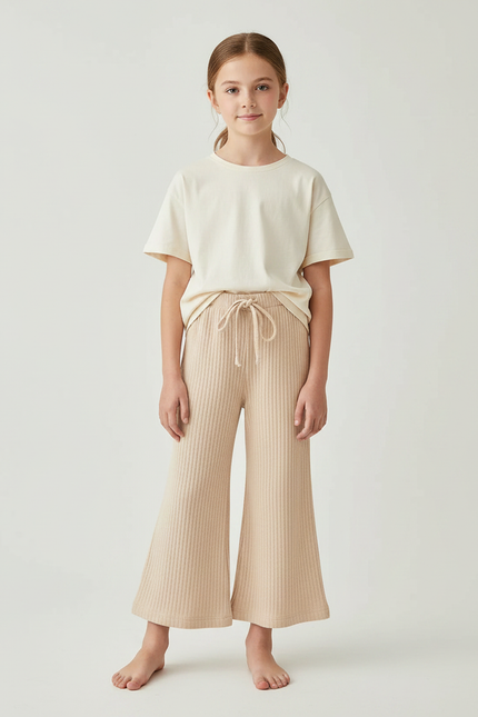 Pantalon Patte D'Éléphant Beige Côtelé Confortable Enfant - Maille