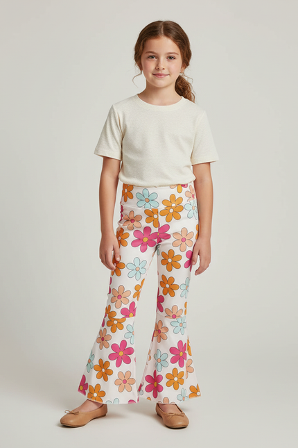 Pantalon Patte D'Éléphant Fleuri Coloré Évasé Confortable Fille - Multicolore Coton