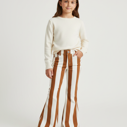 Pantalon Patte D'Éléphant Rayé Marron Blanc Évasé Fille - Multicolore Jean