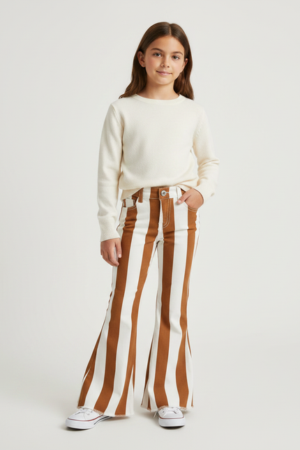 Pantalon Patte D'Éléphant Rayé Marron Blanc Évasé Fille - Multicolore Jean