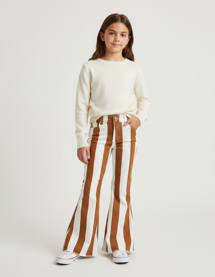 Pantalon Patte D'Éléphant Rayé Marron Blanc Évasé Fille - Multicolore Jean