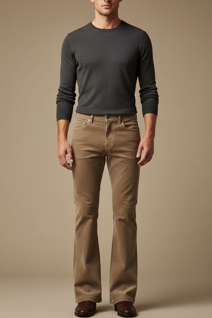 Pantalon Patte D'Éléphant Velours Côtelé Marron Évasé Homme - Camel Cordé