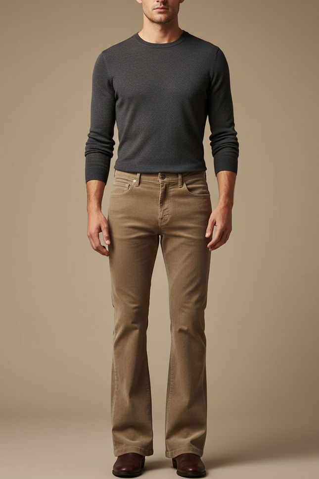 Pantalon Patte D'Éléphant Velours Côtelé Marron Évasé Homme - Camel Cordé