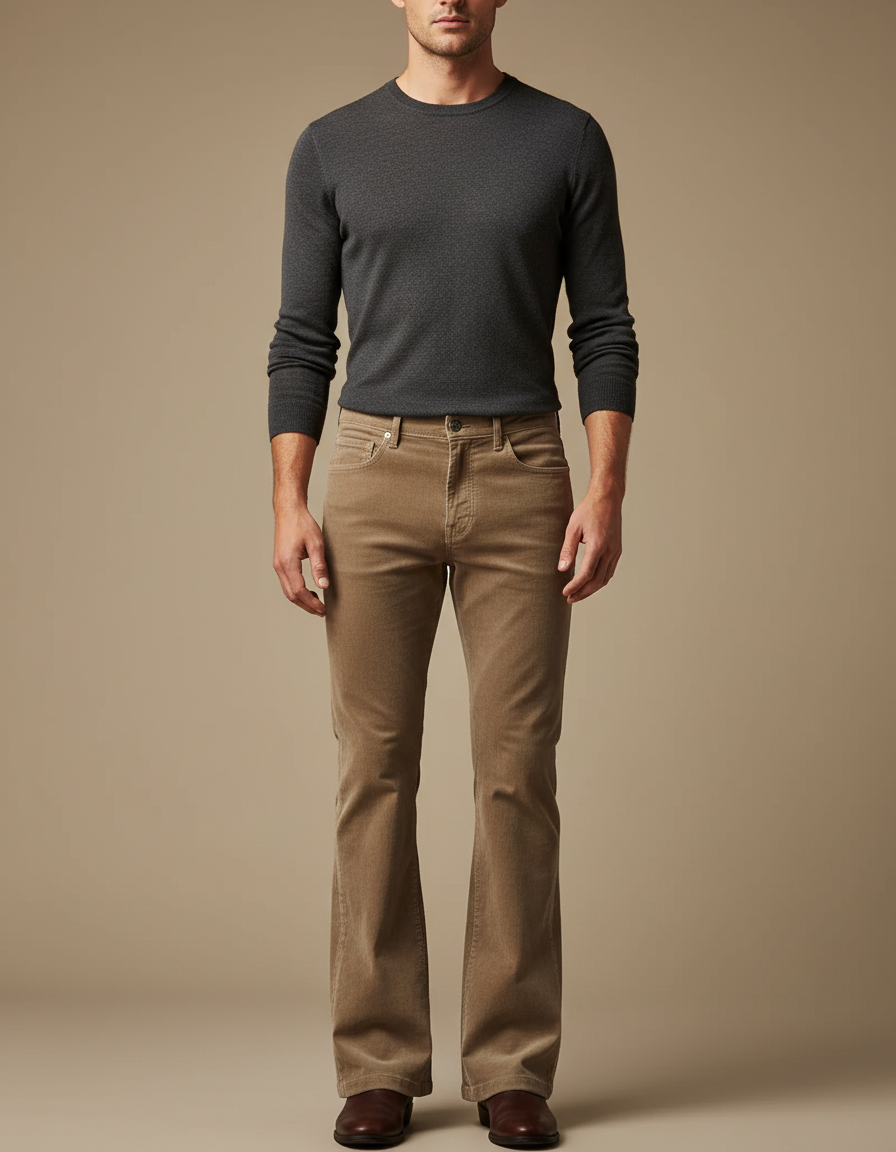 Pantalon Patte D'Éléphant Velours Côtelé Marron Évasé Homme - Camel Cordé