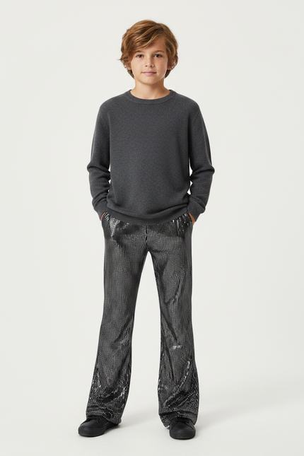 Pantalon Patte D'Éléphant Noir Paillettes Brillant Enfant Disco - Polyester