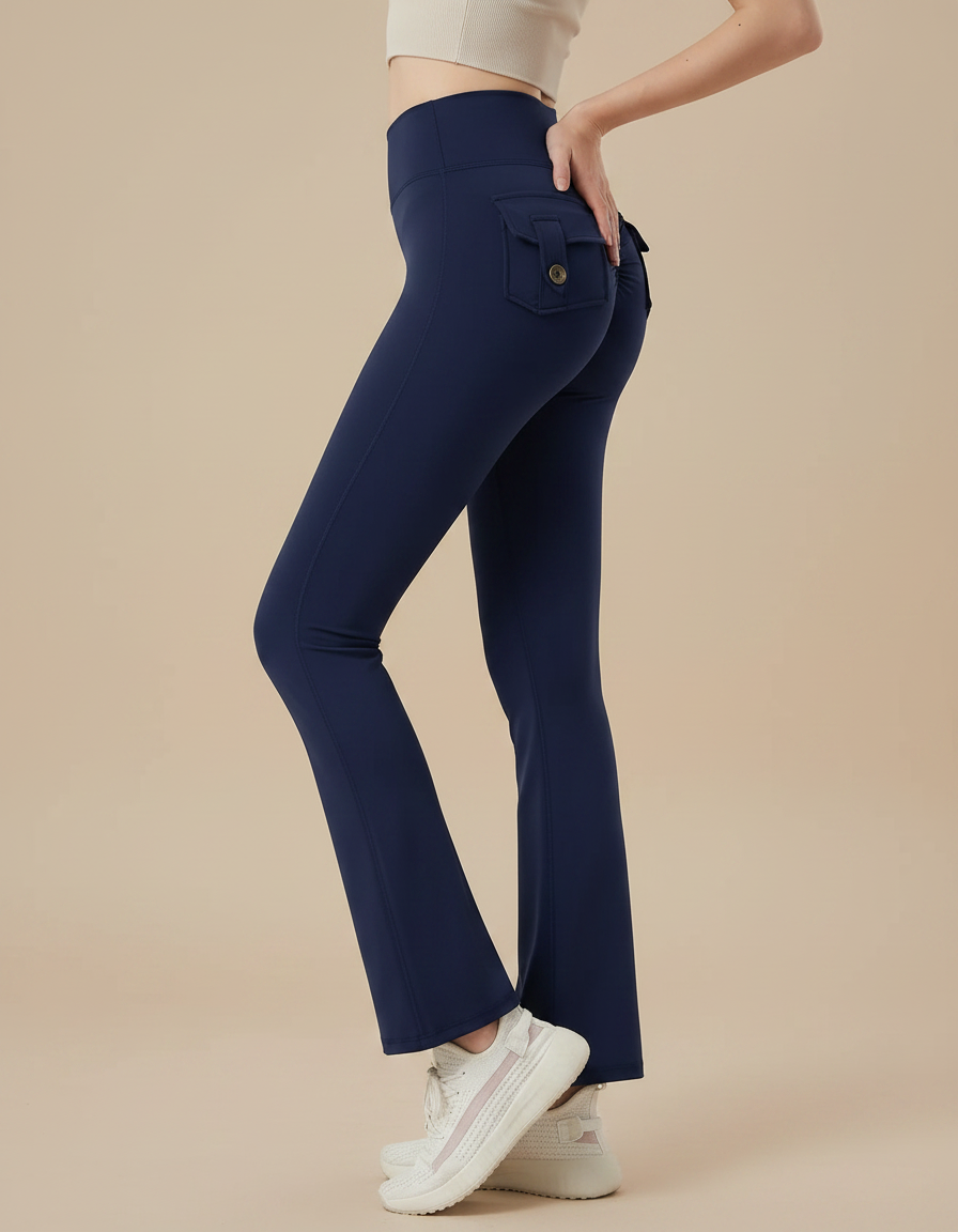 Pantalon Patte D'Éléphant Bleu Marine Taille Haute Cargo Sport - Polyester