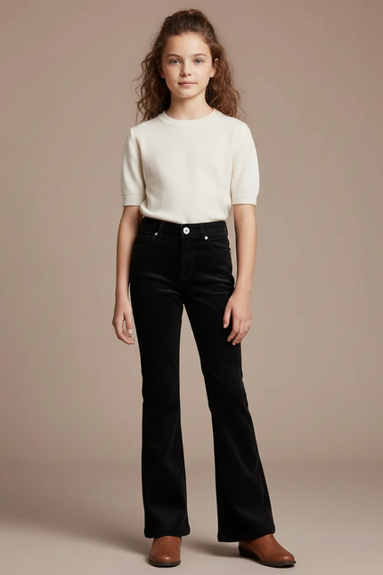 Pantalon Patte D'Éléphant Noir Côtelé Taille Haute Évasé Fille - Cordé