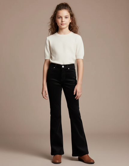 Pantalon Patte D'Éléphant Noir Côtelé Taille Haute Évasé Fille - Cordé