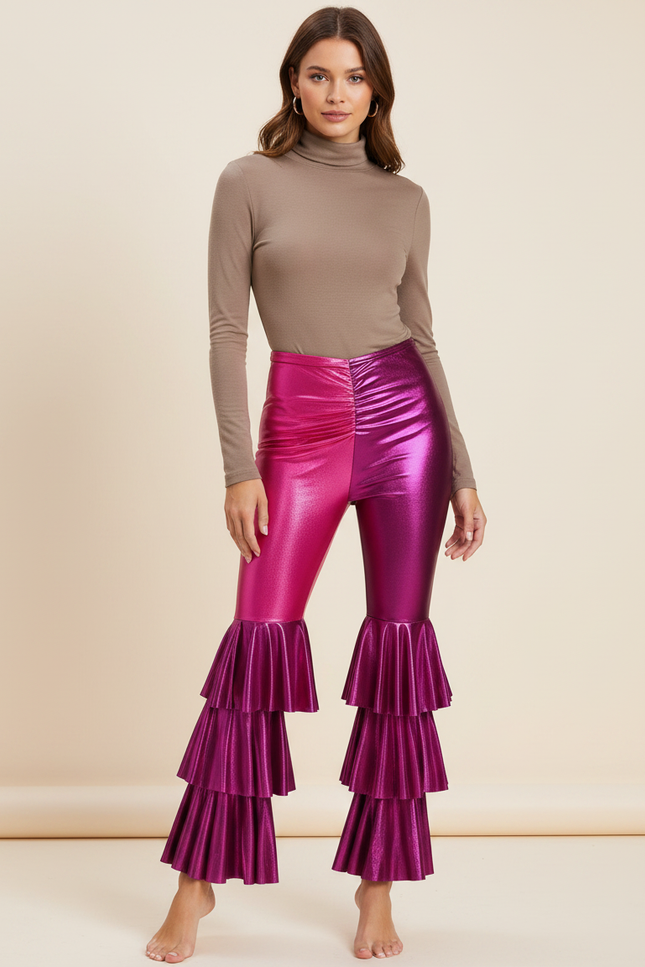 Pantalon Patte D'Éléphant Métallique Bicolore Volants Évasé Disco - Multicolore Polyester