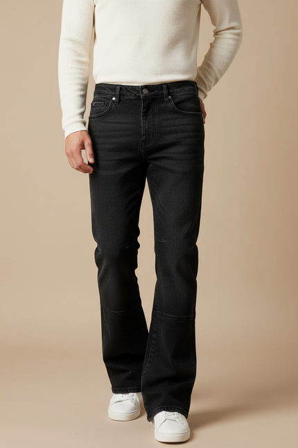 Pantalon Patte D'Éléphant Homme Noir Délavé Denim Coupe Droite - Jean