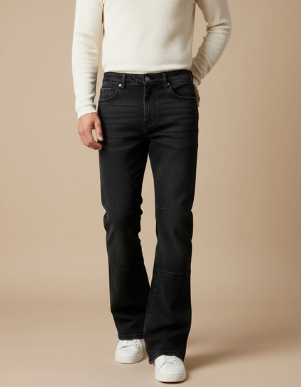 Pantalon Patte D'Éléphant Homme Noir Délavé Denim Coupe Droite - Jean