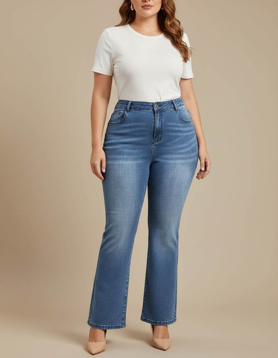 Pantalon Patte D'Éléphant Denim Bleu Taille Haute Évasé Femme - Jean