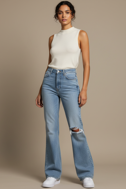 Pantalon Patte D'Éléphant Bleu Déchiré Taille Haute Denim - Jean